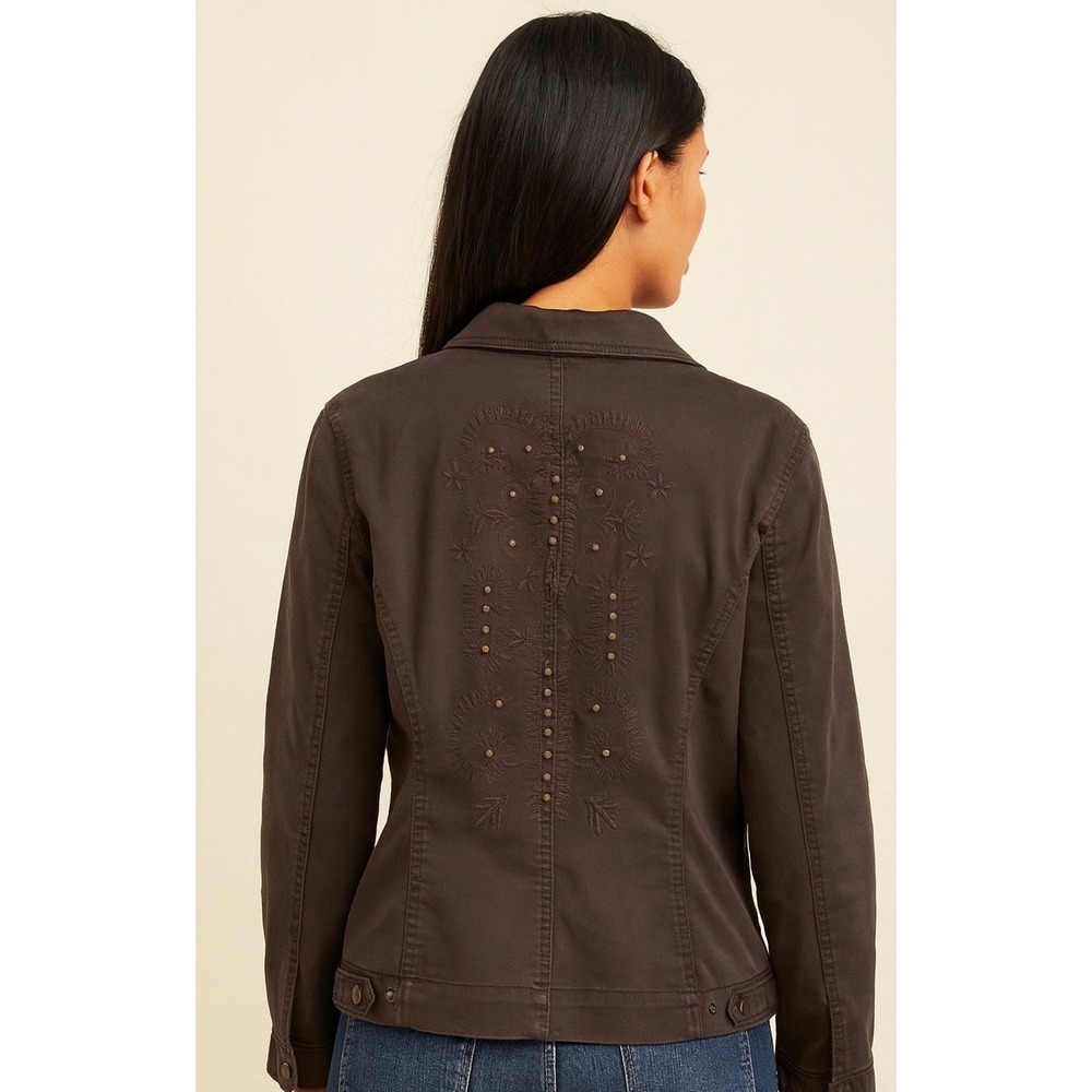 Chico's‎ Womens Size 3 Brown Embellished Long Sleeve Snap Up Jacket